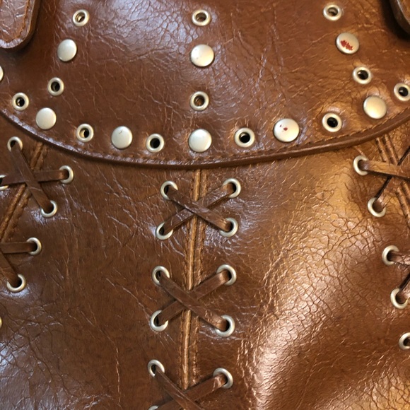 Y2K LEI Brown Faux  Leather Laced Studded Mini Bag Purse Handbag Boho Western - Picture 2 of 7
